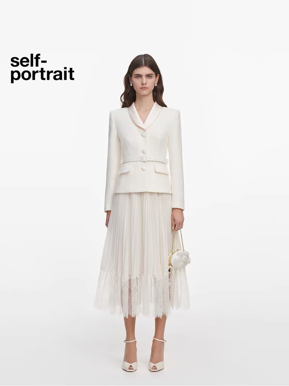 NWOT Self-Portrait Cream Boucle Shawl Collared Midi Dress, Size US 2/4/6/8